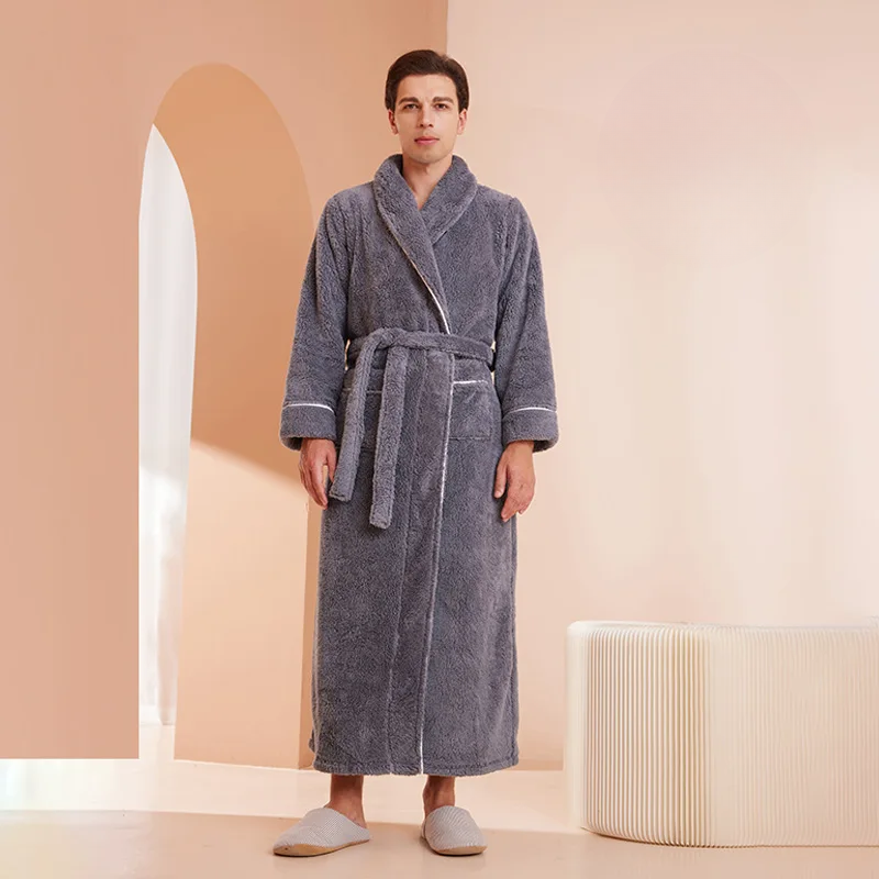 LumaWool Men's Thick Flannel Bathrobe — Fold-Over Collar