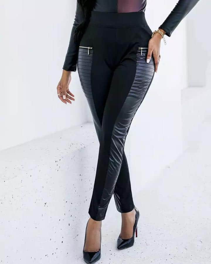 Contrast Panel Zipper Detail Faux Leather Pants