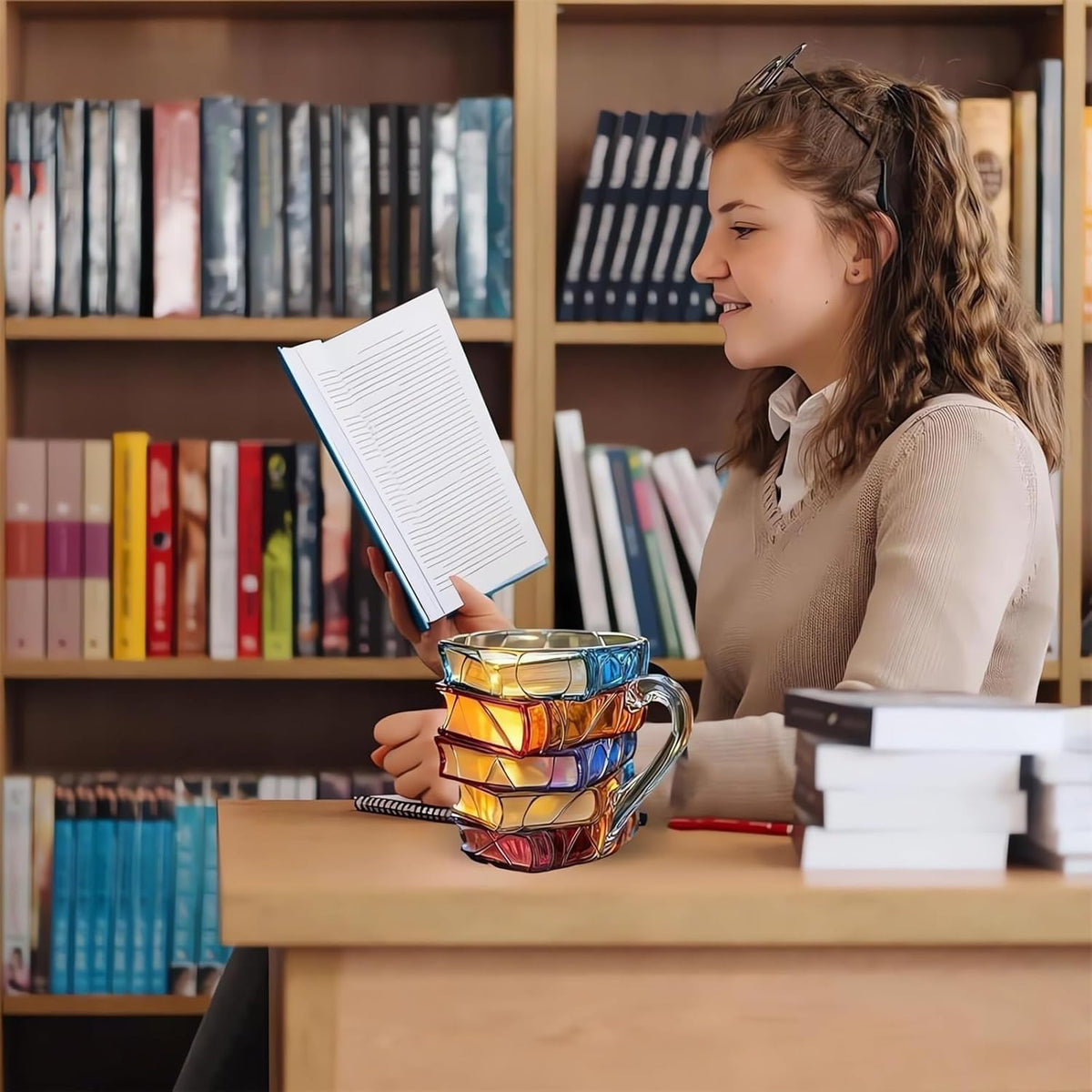 Yifare mug Decorative mug in the shape of stacked books – hand-painted ceramic, ornament for home and office