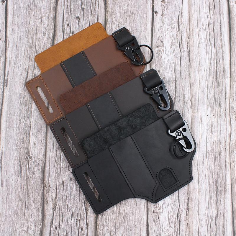 Men EDC Genuine Leather Multitool Flashlight Key Pen Organizer Gear Waist Belt Bag