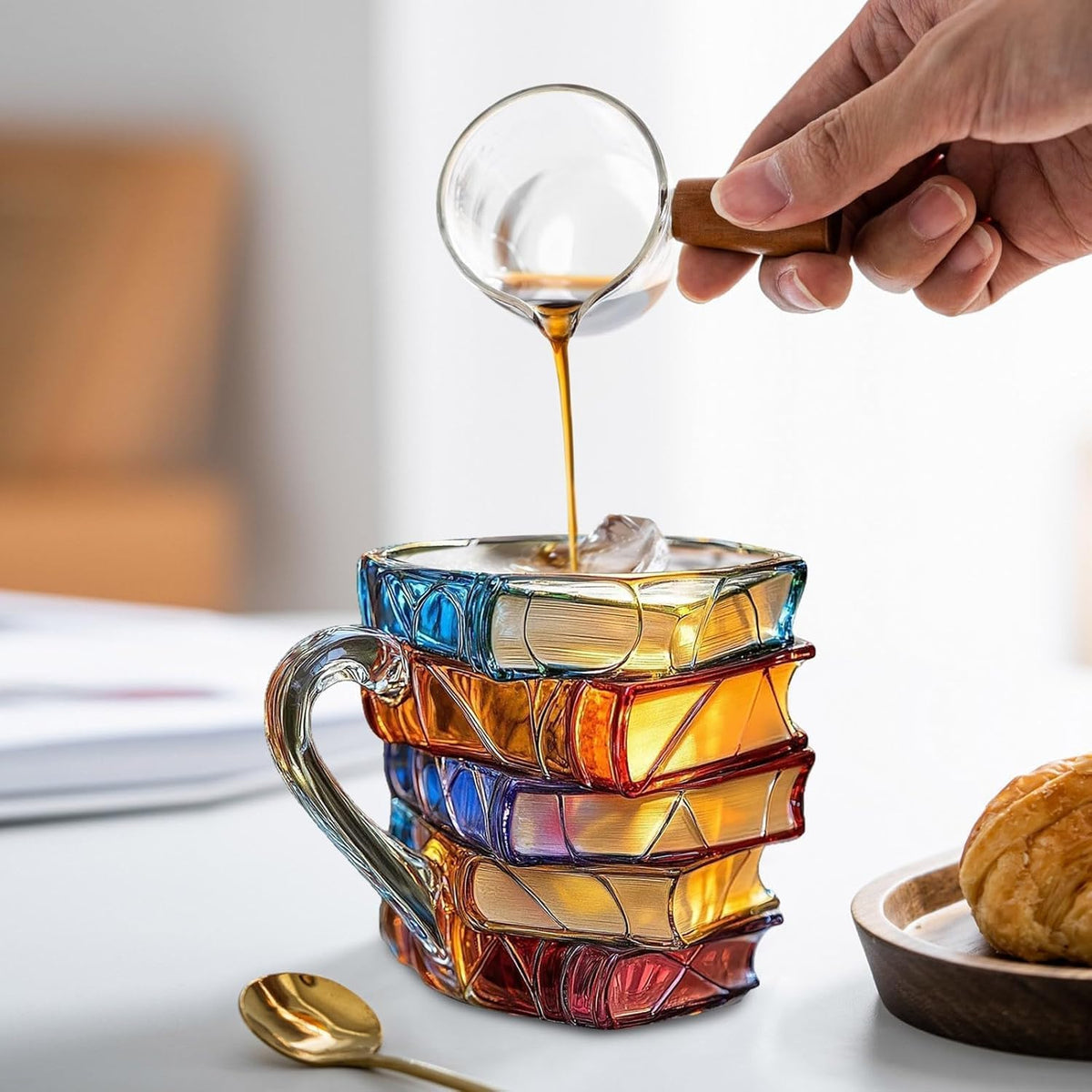 Yifare mug Decorative mug in the shape of stacked books – hand-painted ceramic, ornament for home and office