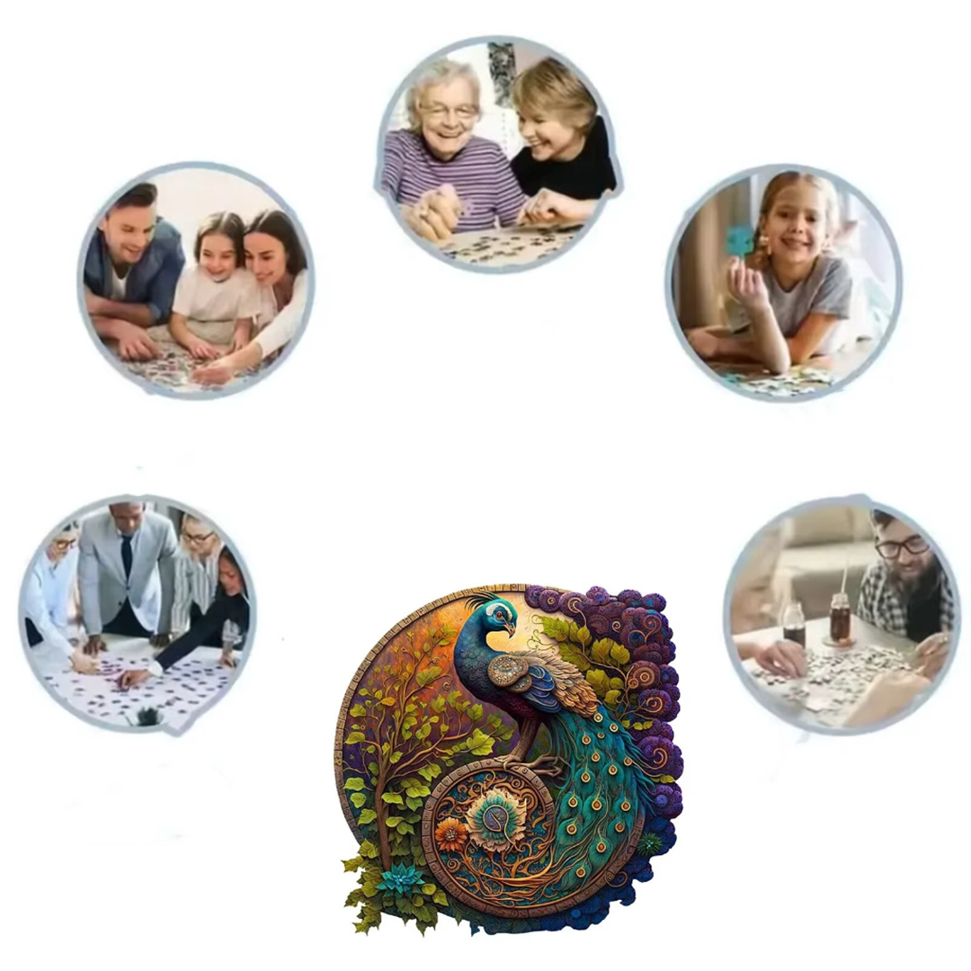 Round wooden peacock puzzle