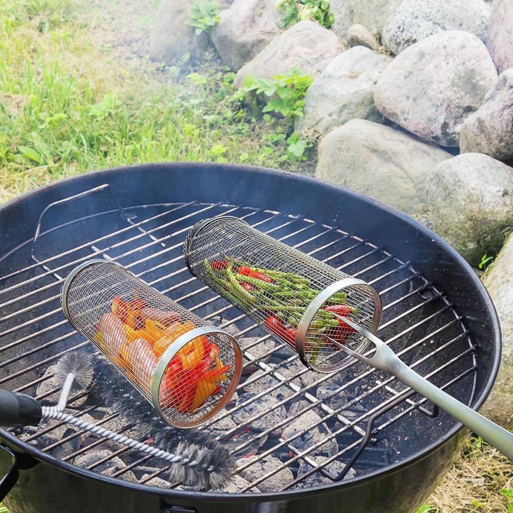 Rotating cylindrical stainless steel barbecue grill for even cooking of vegetables and meat