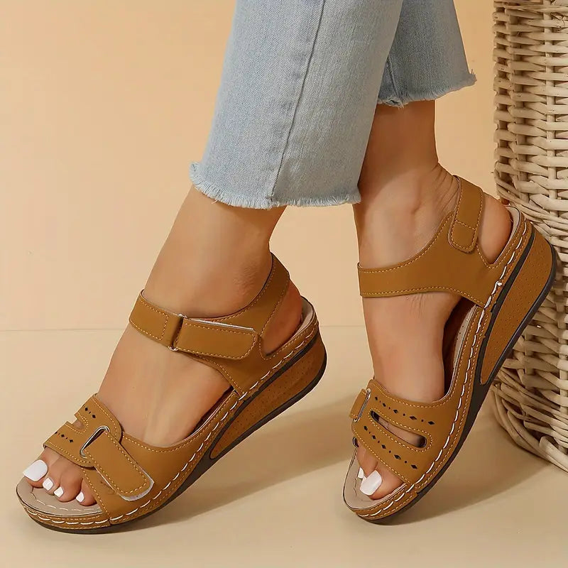 Women’s wedge sandals with adjustable ankle straps breathable perforated design, casual