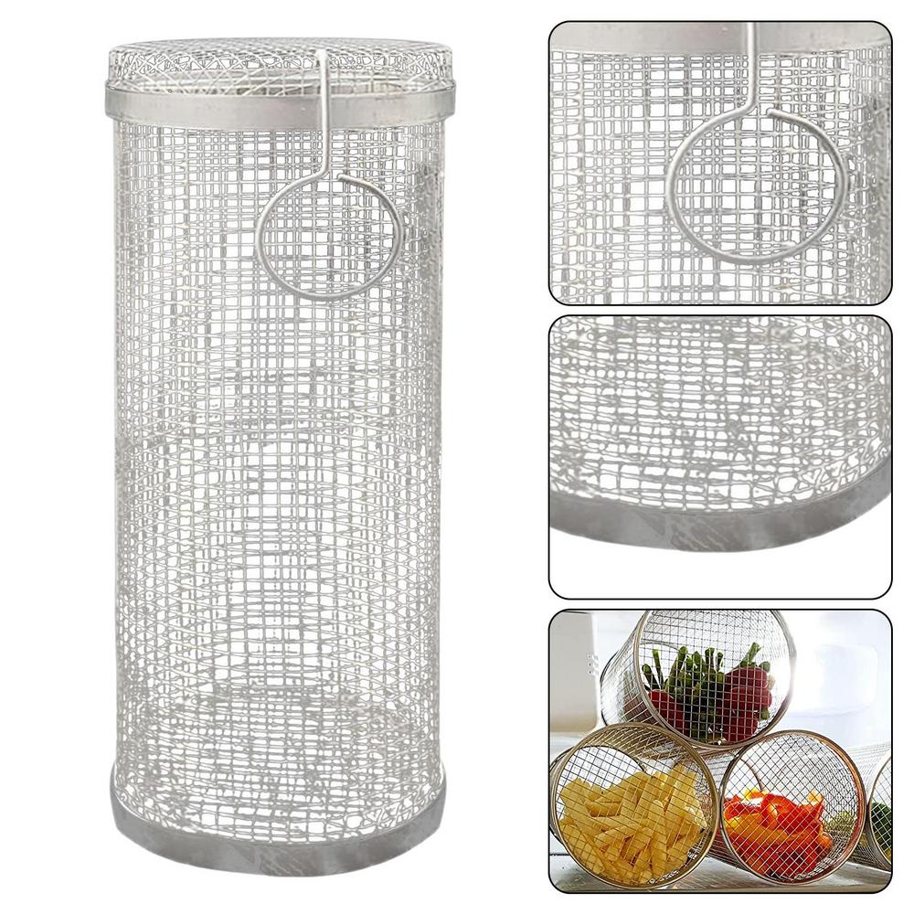 Rotating cylindrical stainless steel barbecue grill for even cooking of vegetables and meat