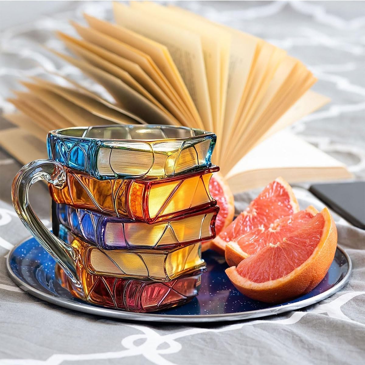 Yifare mug Decorative mug in the shape of stacked books – hand-painted ceramic, ornament for home and office