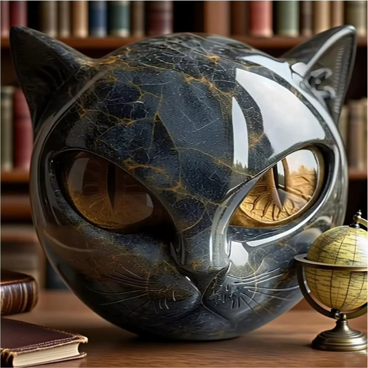 Black Cat Stone Sculpture – Decorative figurine black cat head made of resin Stone Marble texture
