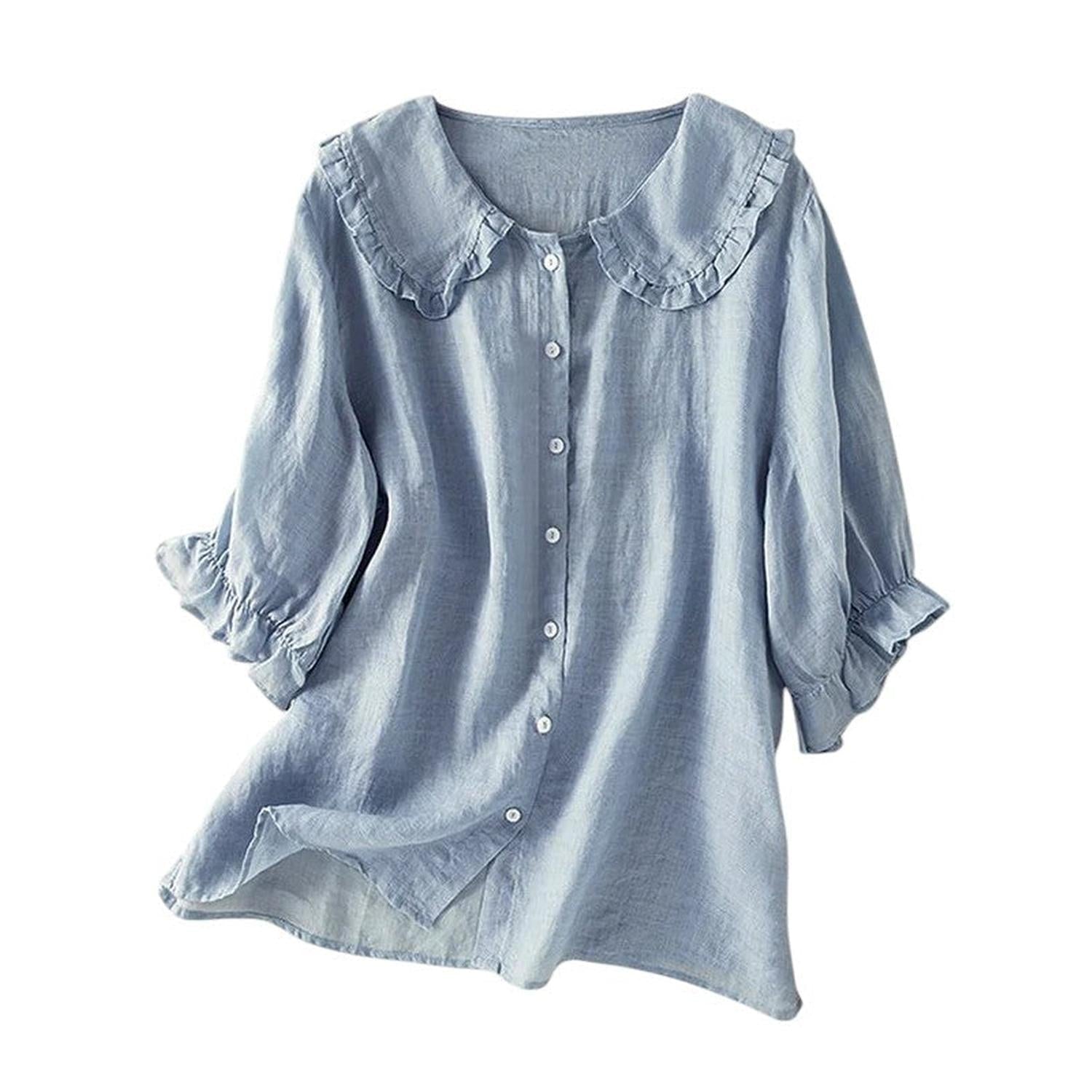 Blouse Women Ruffle Collar Cotton Loose Fit Shirt