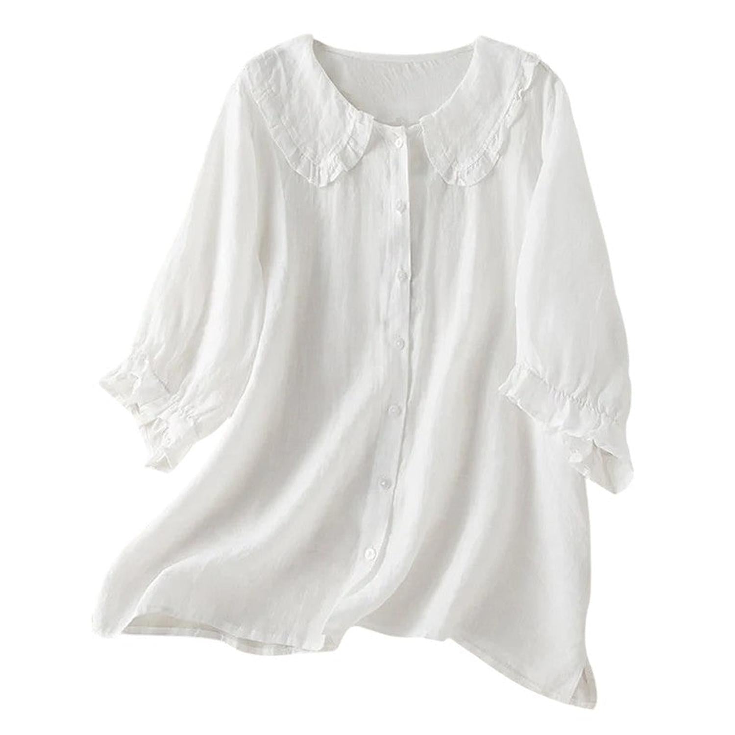 Blouse Women Ruffle Collar Cotton Loose Fit Shirt