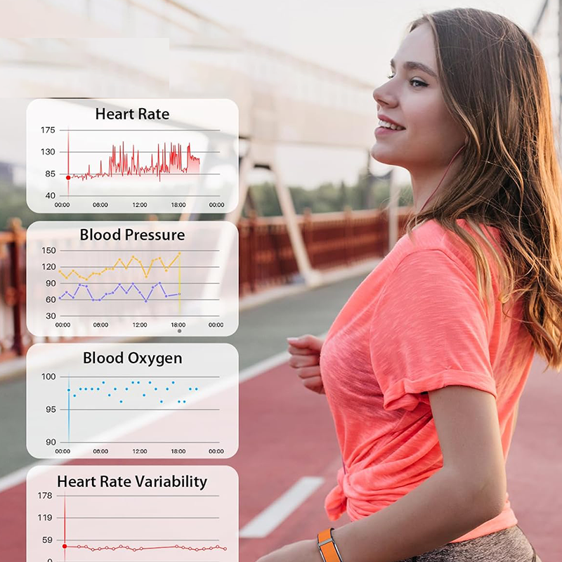 Connected bracelet with sports band, heart rate monitor, blood pressure monitor, waterproof, 30-day battery life