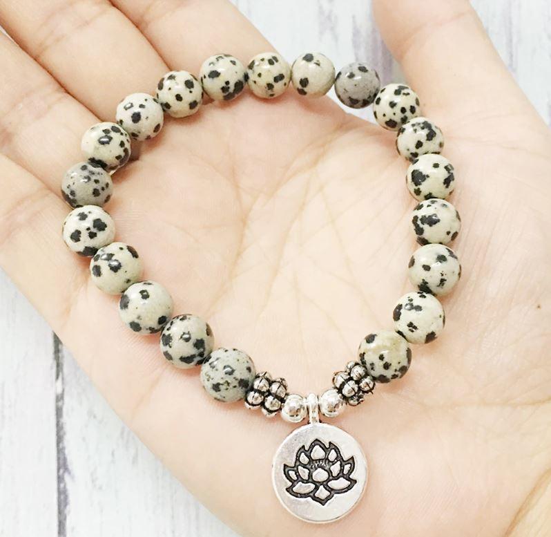 Mala lotus bracelet “joy of being” in dalmatian jasper