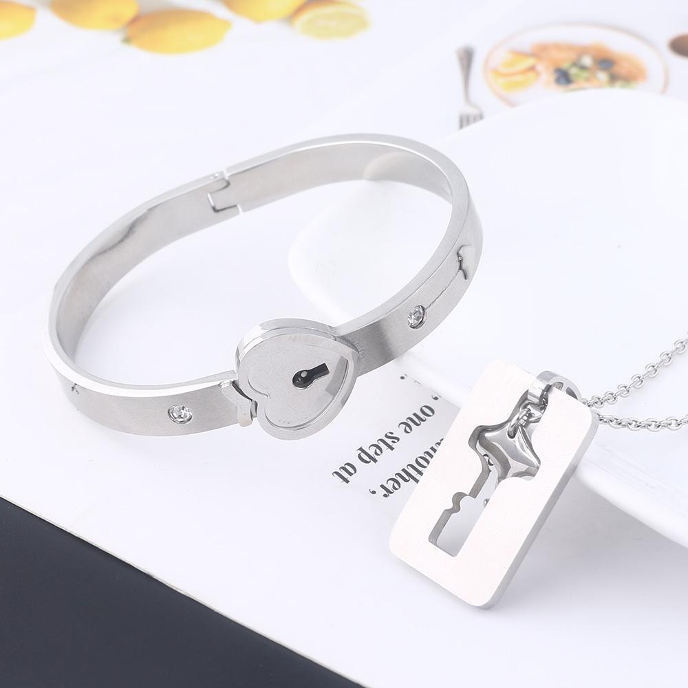 Heart lock bracelet with key necklace