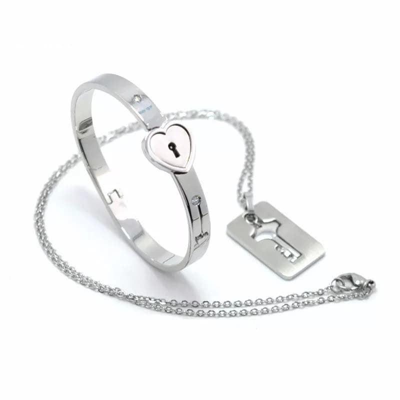 Heart lock bracelet with key necklace