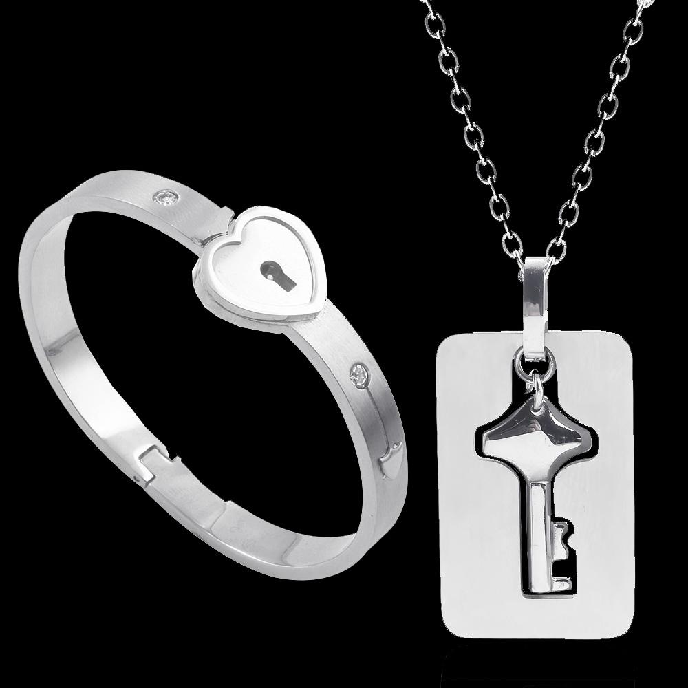 Heart lock bracelet with key necklace