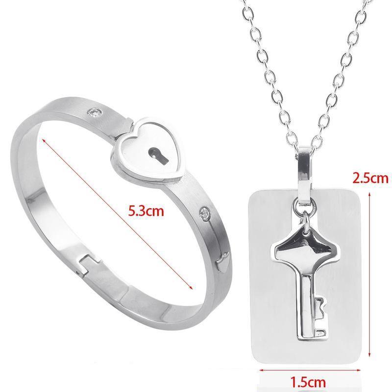 Heart lock bracelet with key necklace