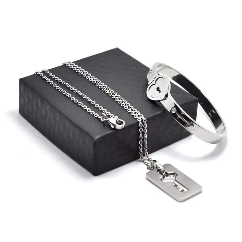 Heart lock bracelet with key necklace
