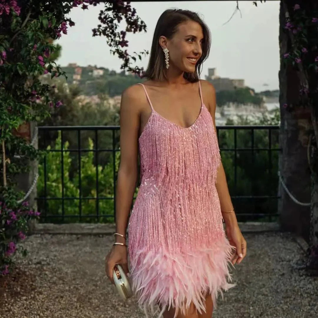 Cocktail Dress Women Sequin Fringe and Structured Silhouette Design