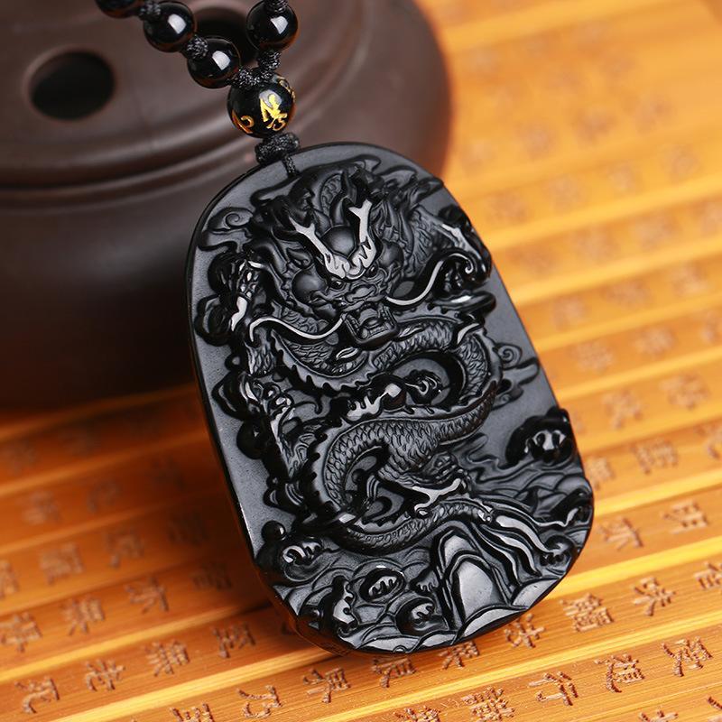 Natural Black Obsidian Dragon Pendant Necklace