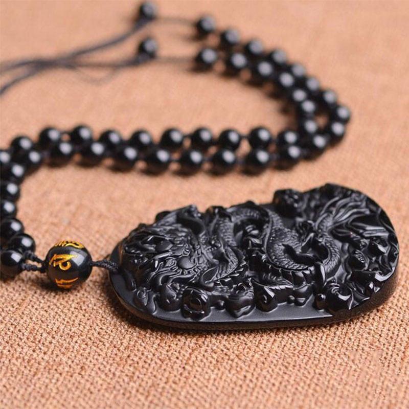 Natural Black Obsidian Dragon Pendant Necklace