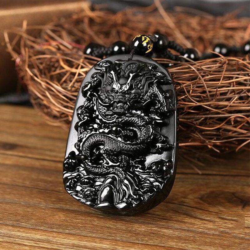 Natural Black Obsidian Dragon Pendant Necklace