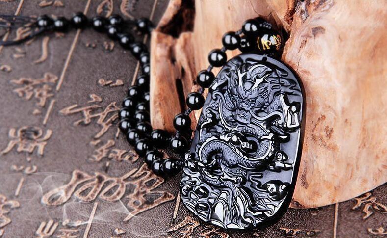 Natural Black Obsidian Dragon Pendant Necklace