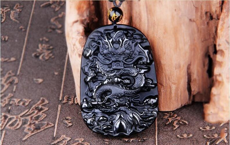 Natural Black Obsidian Dragon Pendant Necklace