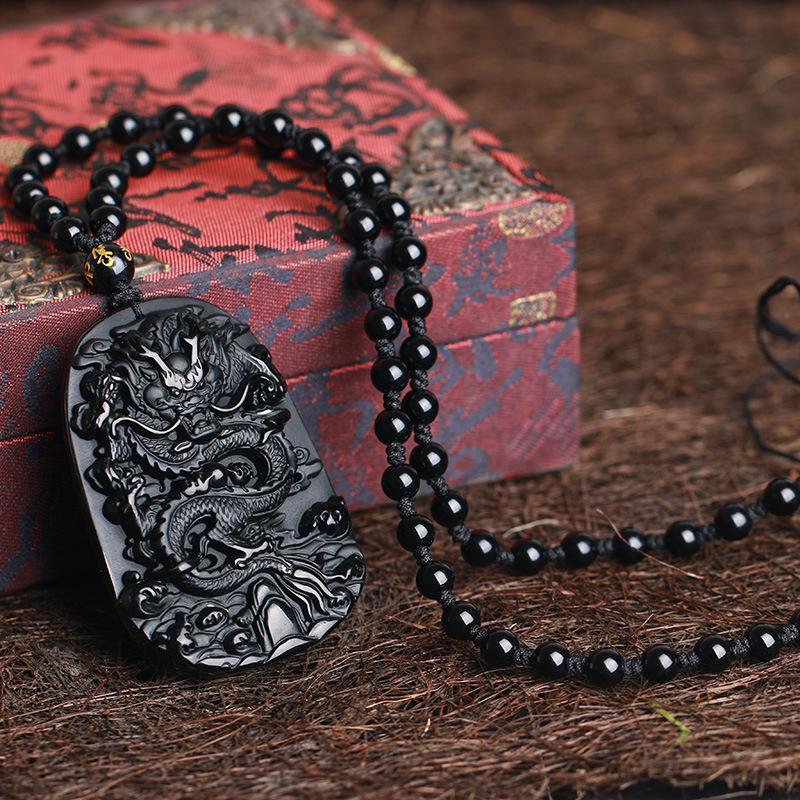 Natural Black Obsidian Dragon Pendant Necklace