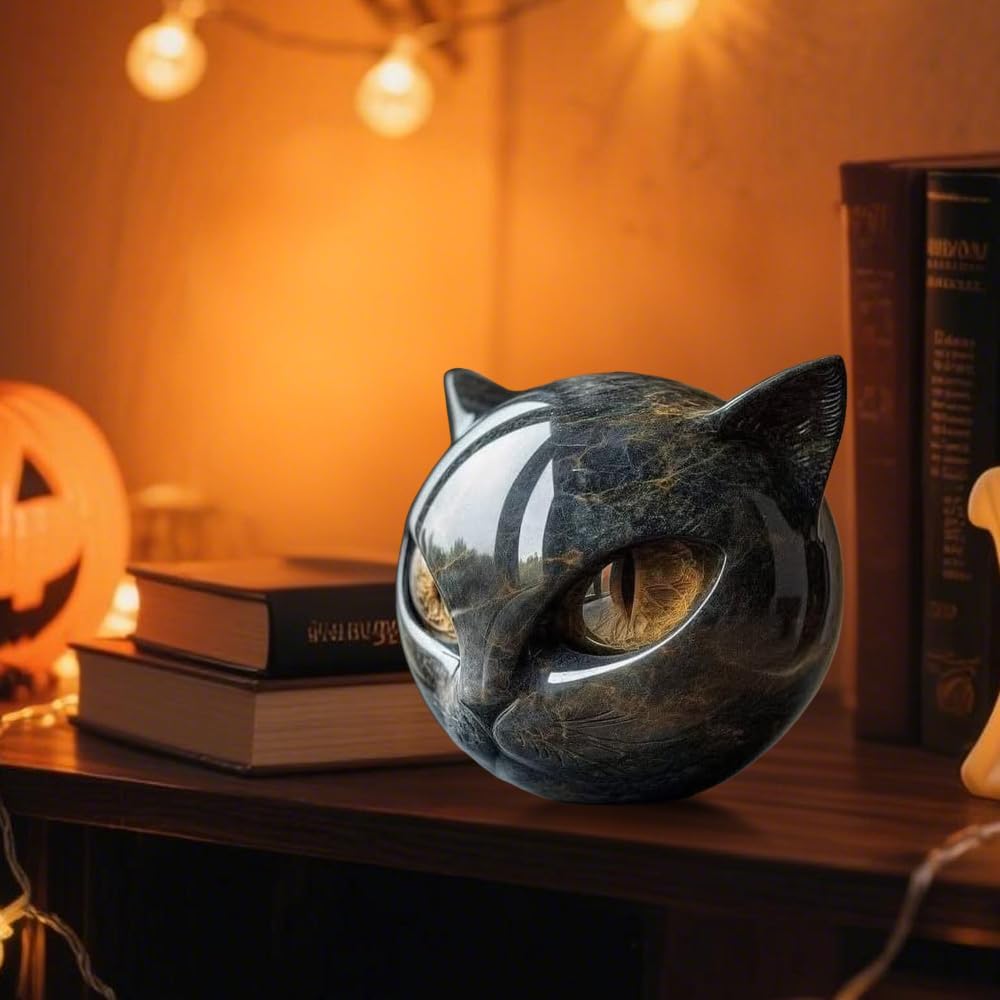 Black Cat Stone Sculpture – Decorative figurine black cat head made of resin Stone Marble texture