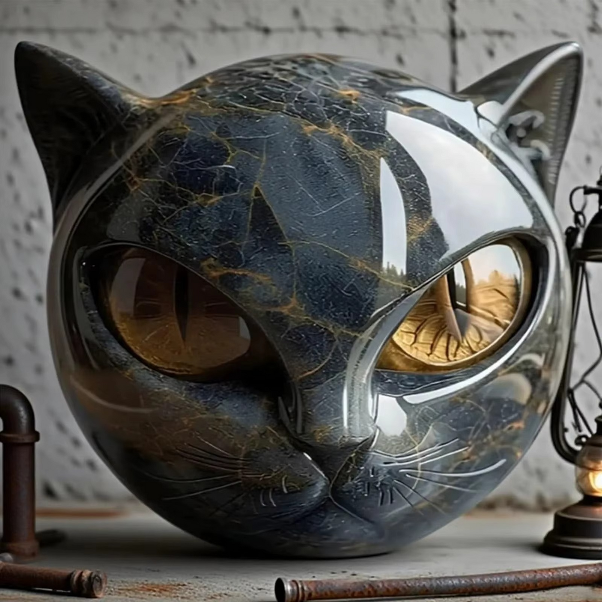 Black Cat Stone Sculpture – Decorative figurine black cat head made of resin Stone Marble texture