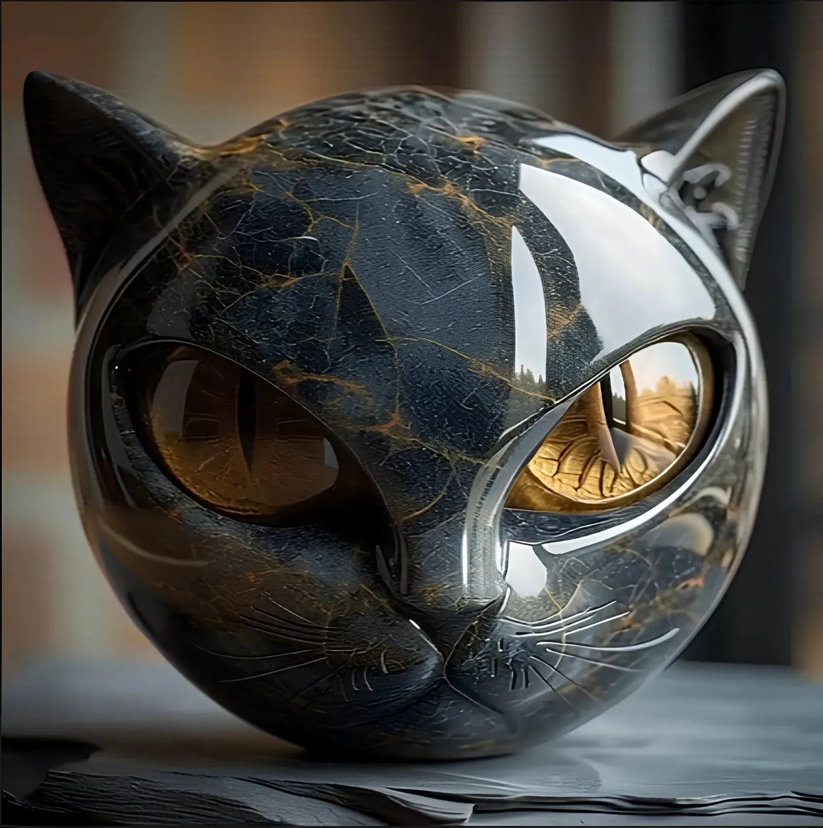 Black Cat Stone Sculpture – Decorative figurine black cat head made of resin Stone Marble texture