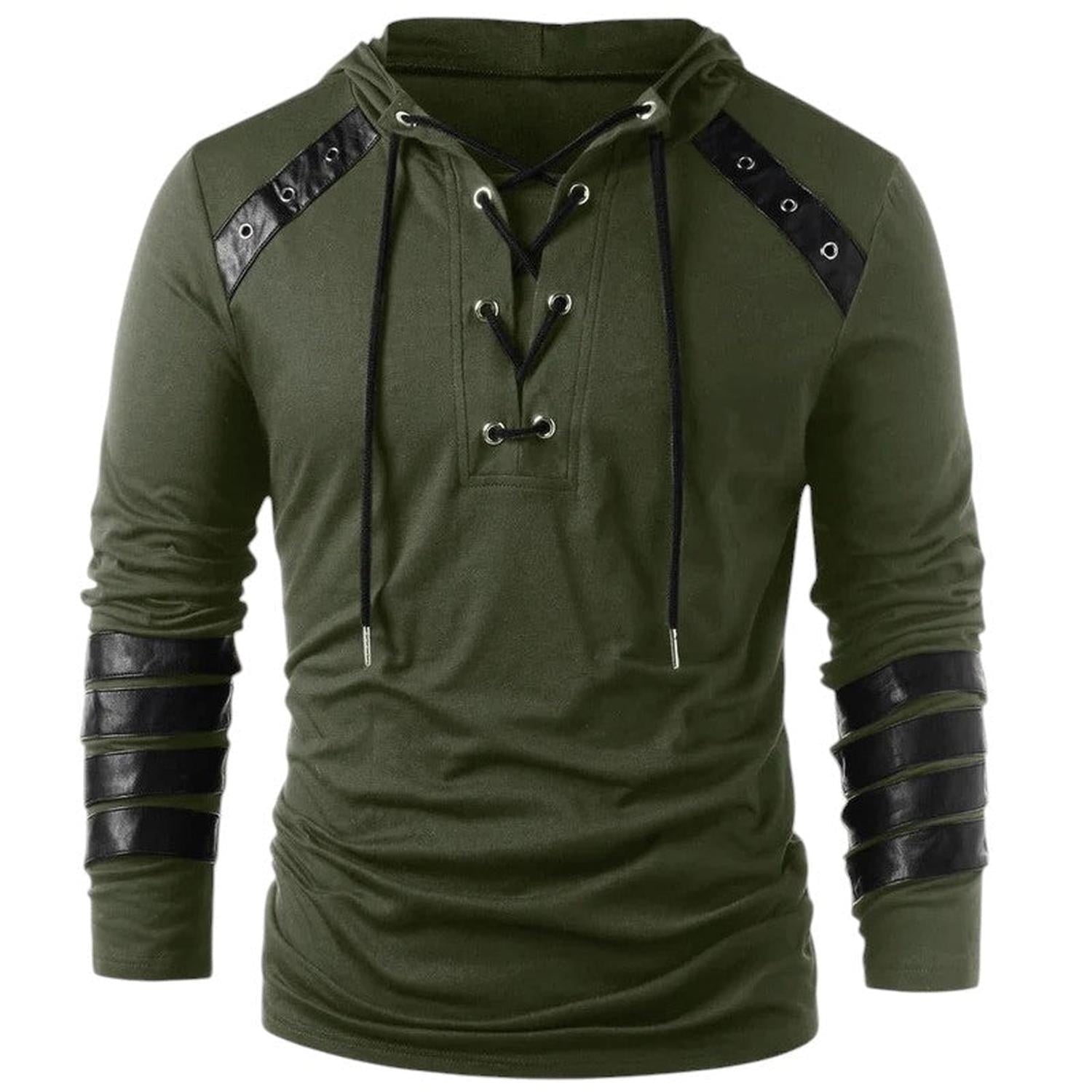 Hoodie Men Lace-Up V-Neck Faux Leather Panels Long Sleeve Casual Wear