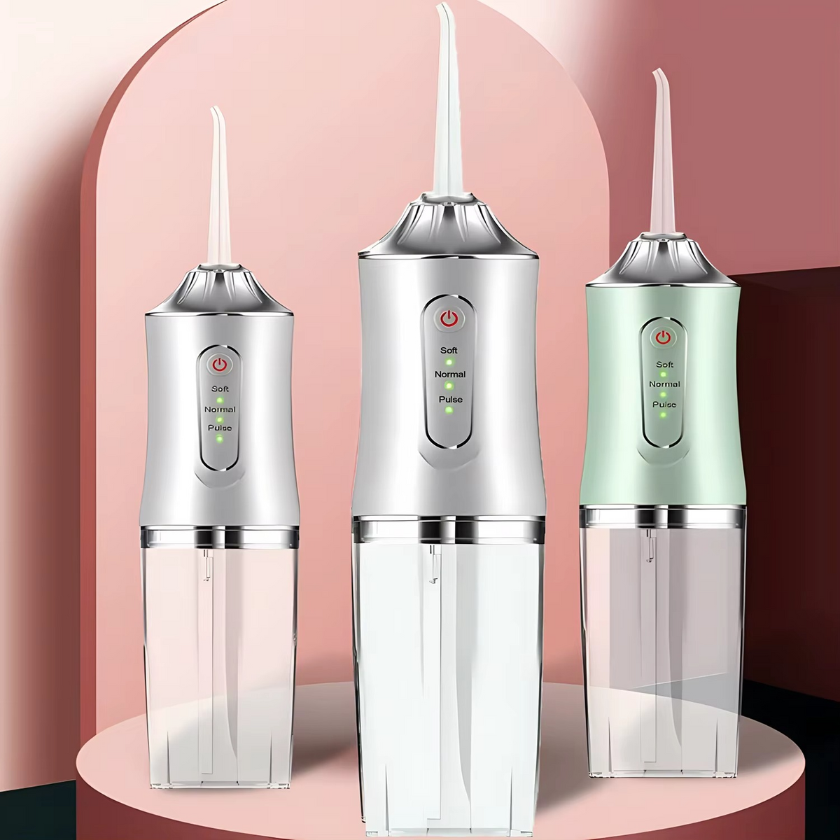 FlossyFresh Hydropulseur portable cordless dental cleaner, rechargeable oral irrigator with 3 modes and 4 nozzles