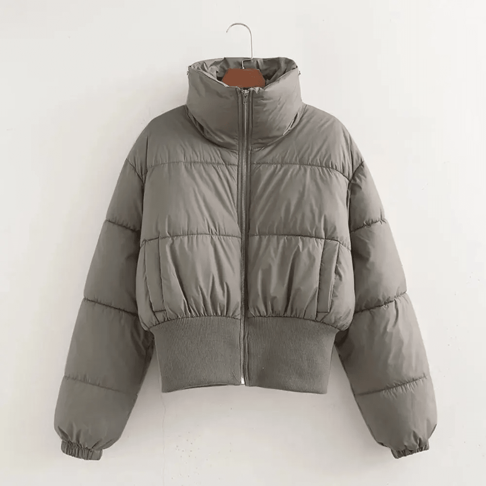 Jacket Women Cropped Puffer Zip Front High Neck Collar