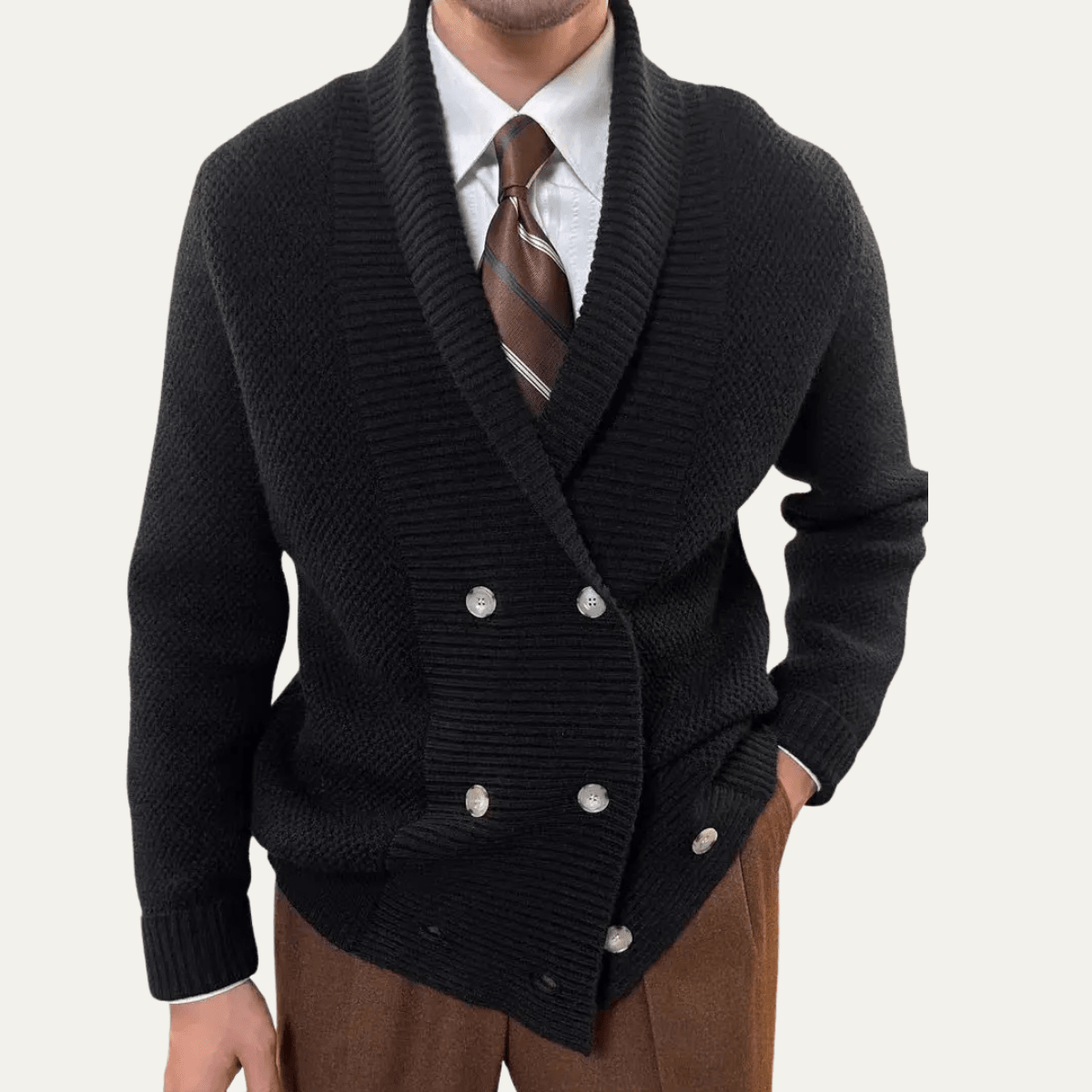 Men's Cardigan — Shawl Collar Double Breasted Knit Design