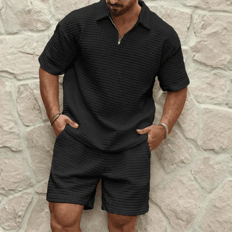 Men's Co-Ord Set — Zip Polo Drawstring Relaxed Fit Shorts