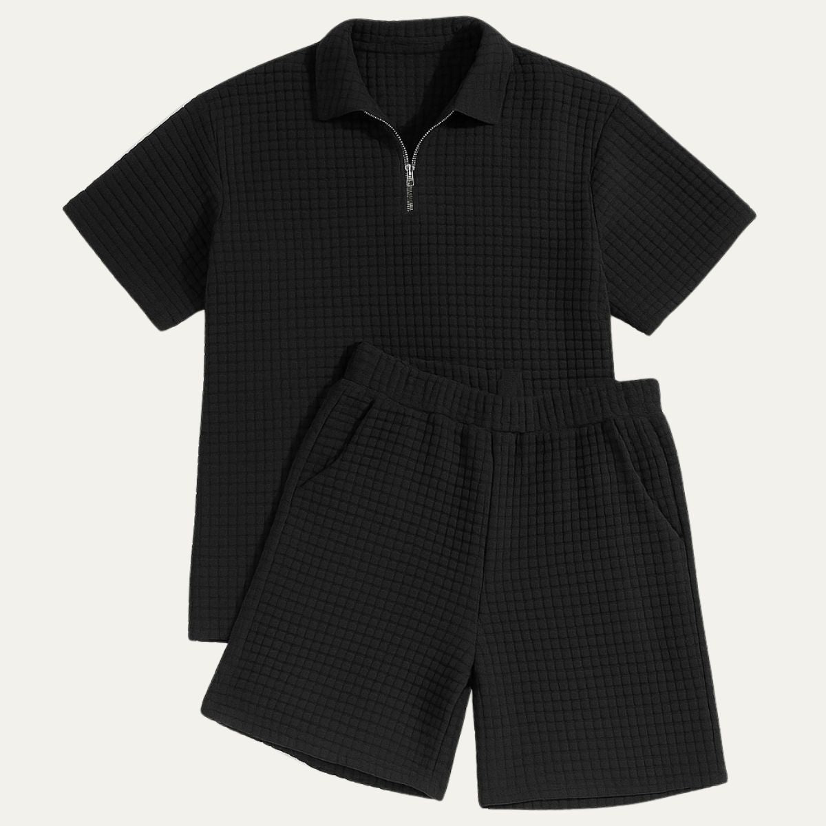 Men's Co-Ord Set — Zip Polo Drawstring Relaxed Fit Shorts