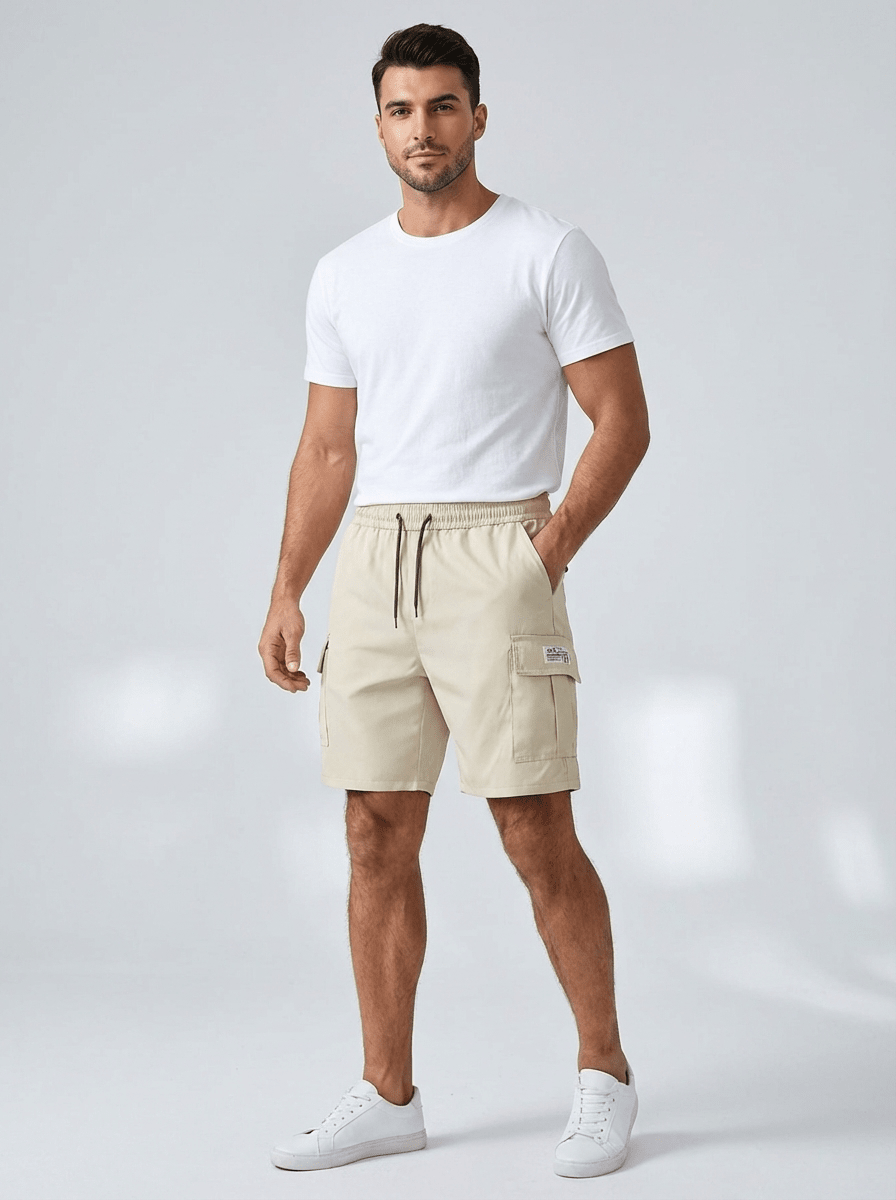 Men's Linen Cargo Shorts - Loose Fit Knee Length Drawstring Waist