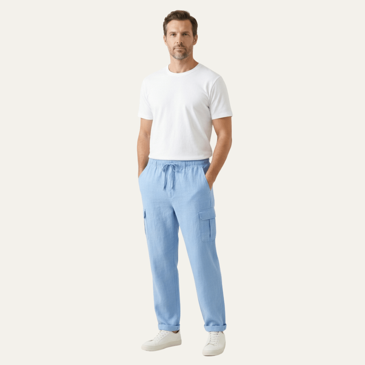 Men's Linen Cargo Trousers - Wide Fit Multi Pocket Design