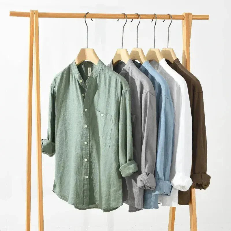 Men's Linen Shirt - Slim Fit Chest Pocket Straight Hem