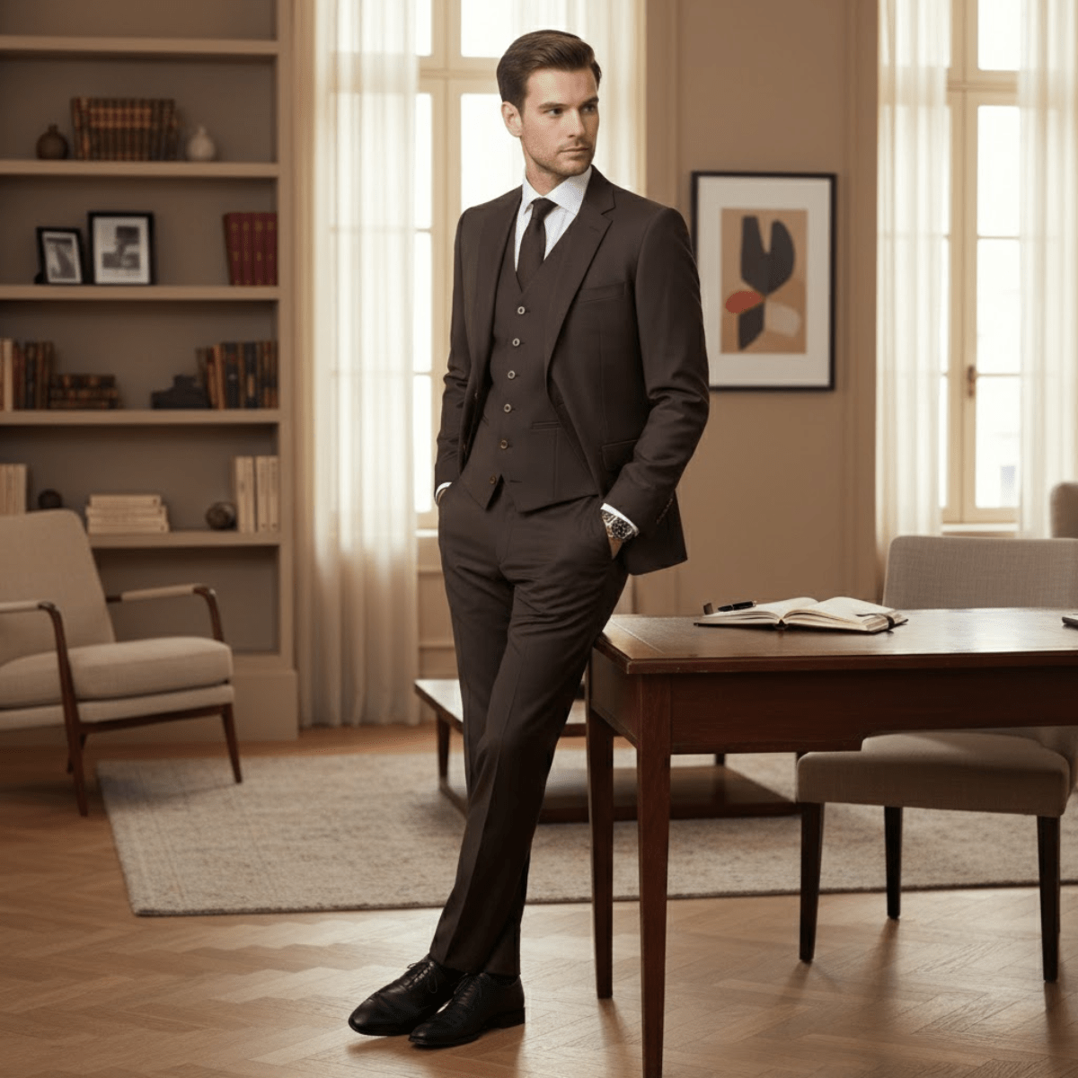 Men's Linen Suit Set -Slim Fit Three-Piece Front Closure