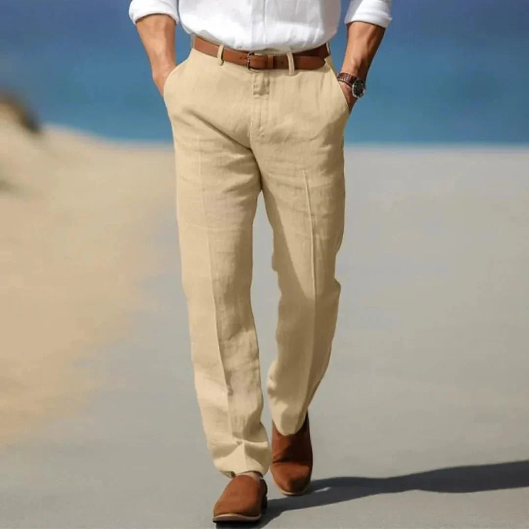 Men's Linen Trousers - Loose Fit Front Zip Closure & Belt Loops