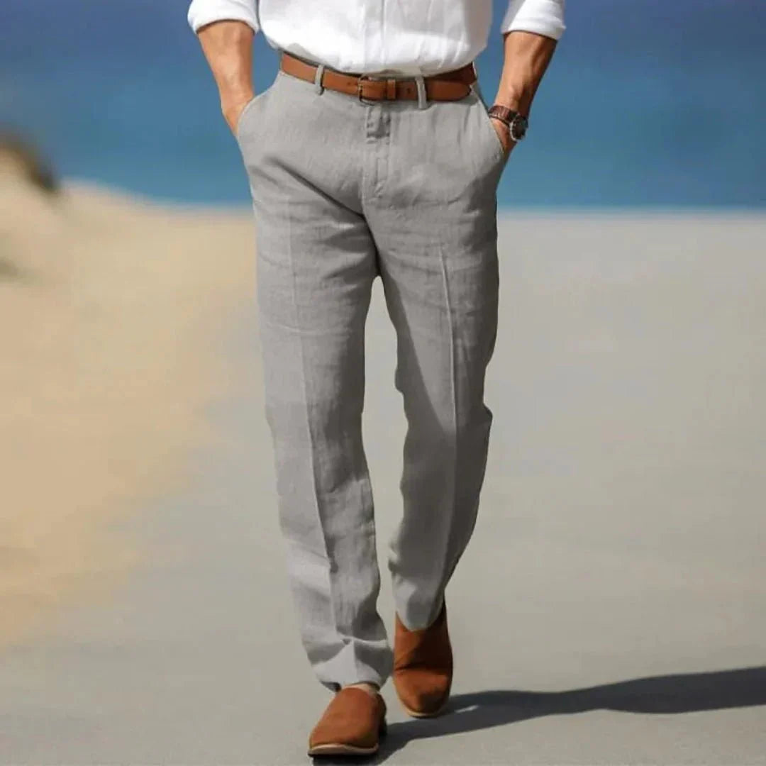Men's Linen Trousers - Loose Fit Front Zip Closure & Belt Loops