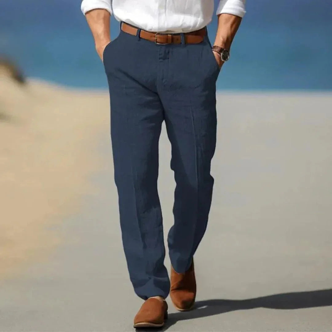 Men's Linen Trousers - Loose Fit Front Zip Closure & Belt Loops