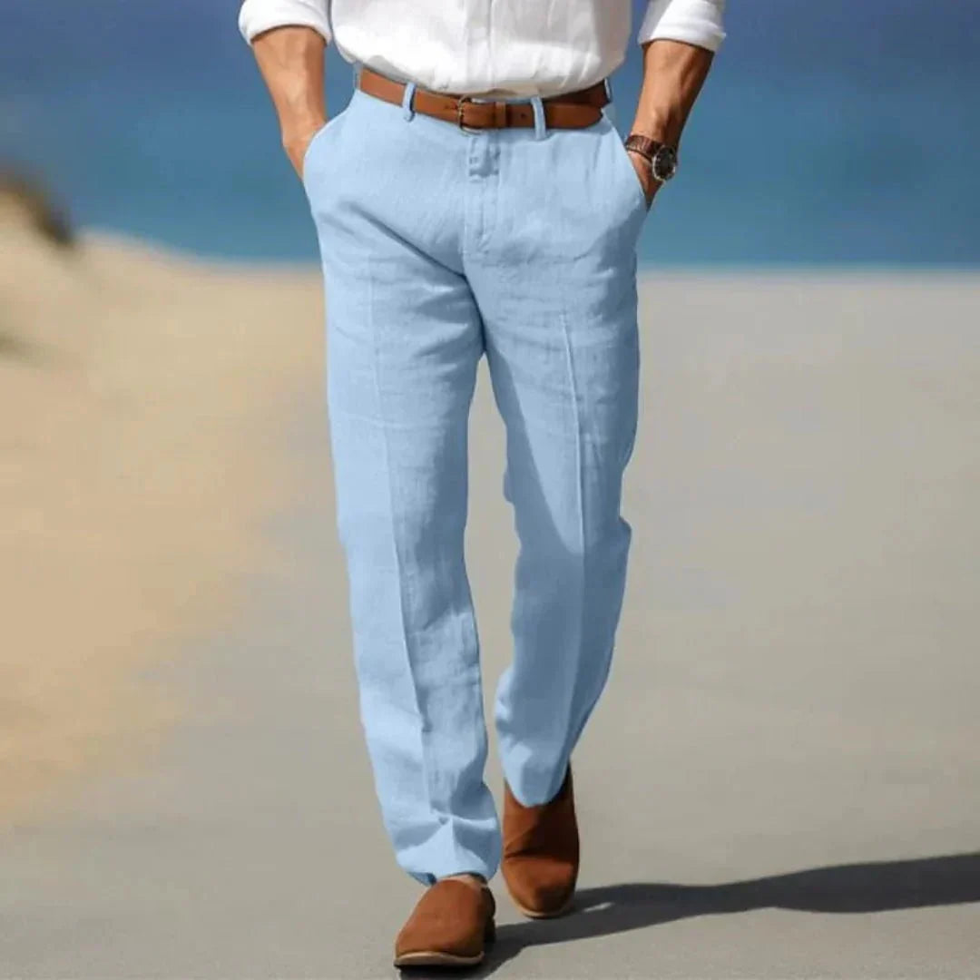 Men's Linen Trousers - Loose Fit Front Zip Closure & Belt Loops
