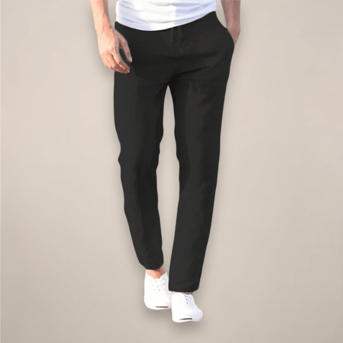 Men's Linen Trousers - Relaxed Fit Long Length Elastic Waistband