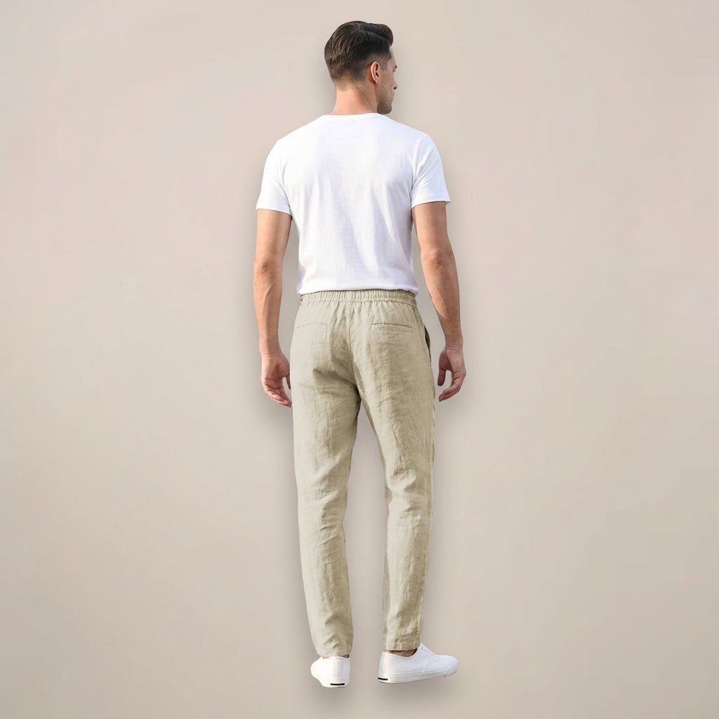 Men's Linen Trousers - Relaxed Fit Long Length Elastic Waistband