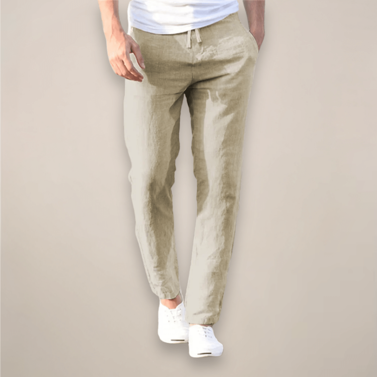 Men's Linen Trousers - Relaxed Fit Long Length Elastic Waistband