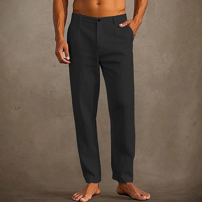 Men's Linen Trousers - Relaxed Fit Straight Leg Button & Zip Closure