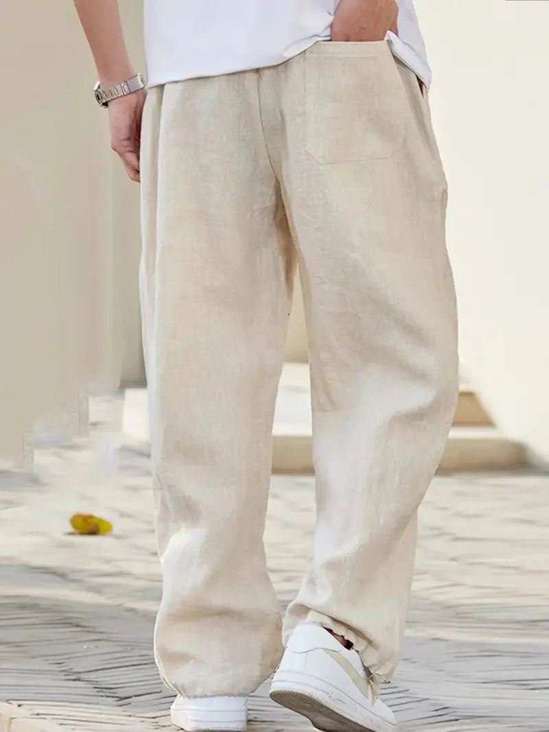 Men's Linen Trousers - Wide Leg Full Length Elastic Drawstring Waist