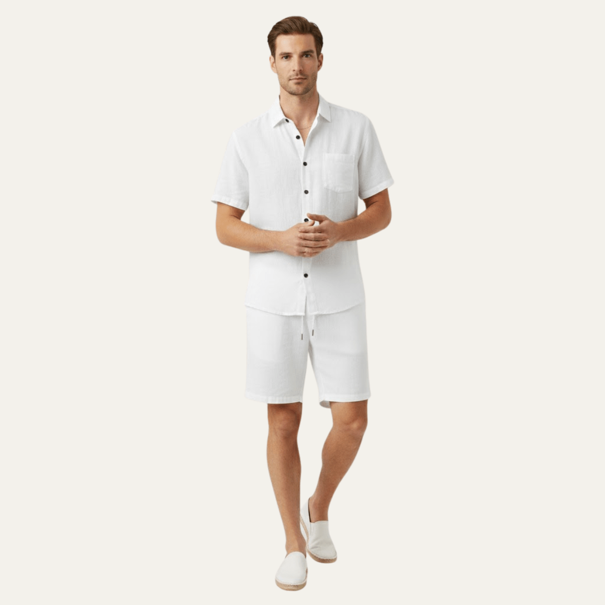 Men's Linen Two-Piece Set - Relaxed Fit Short Sleeve Button Shirt & Shorts